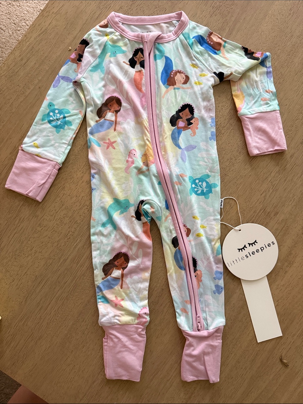 Little Sleepies Pastel Mermaid Print Zip One-Piece Pajamas - Pink Trim - NWT